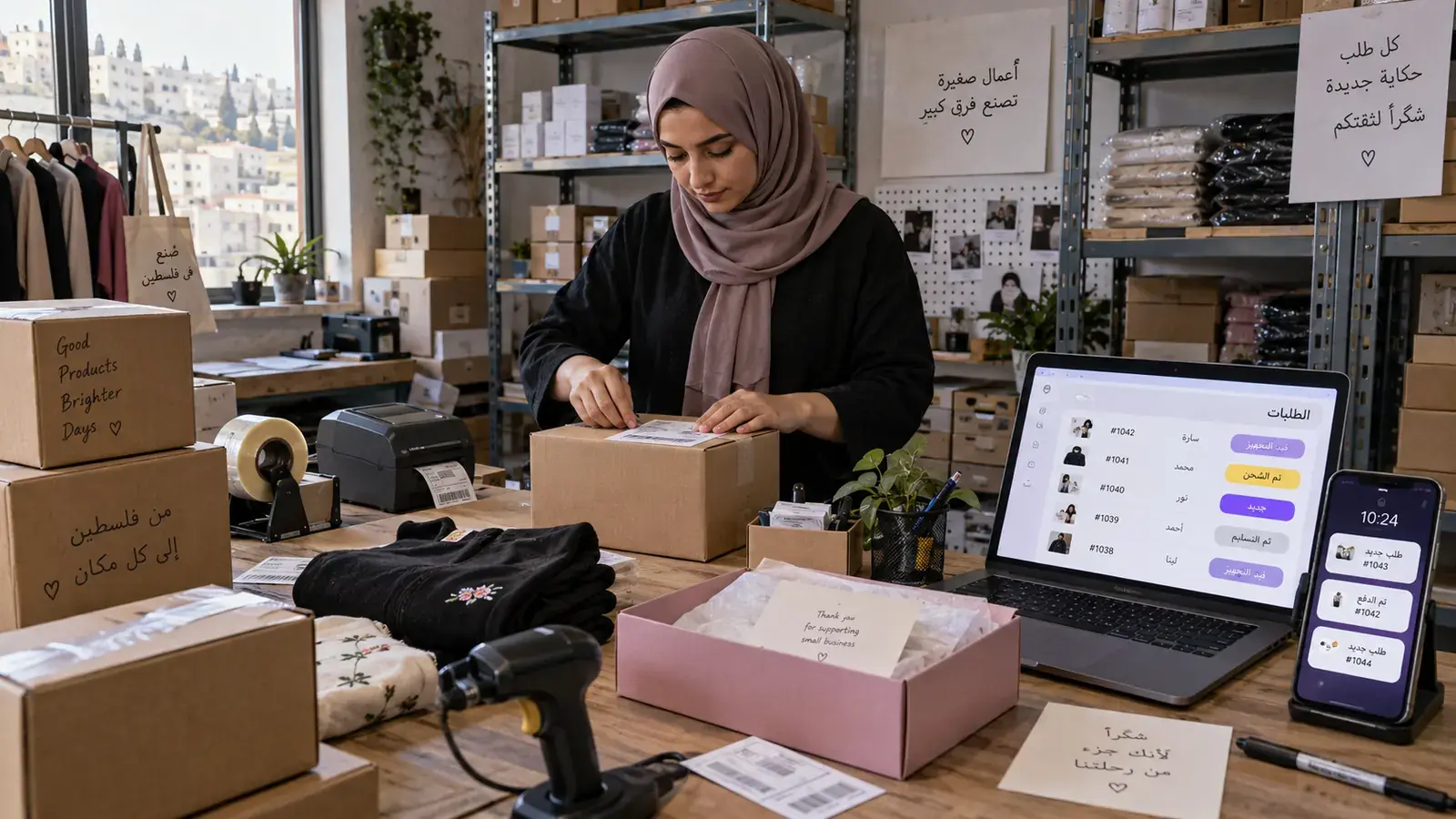 صاحبة متجر تجهّز طلبًا للشحن وأمامها شاشة الطلبات