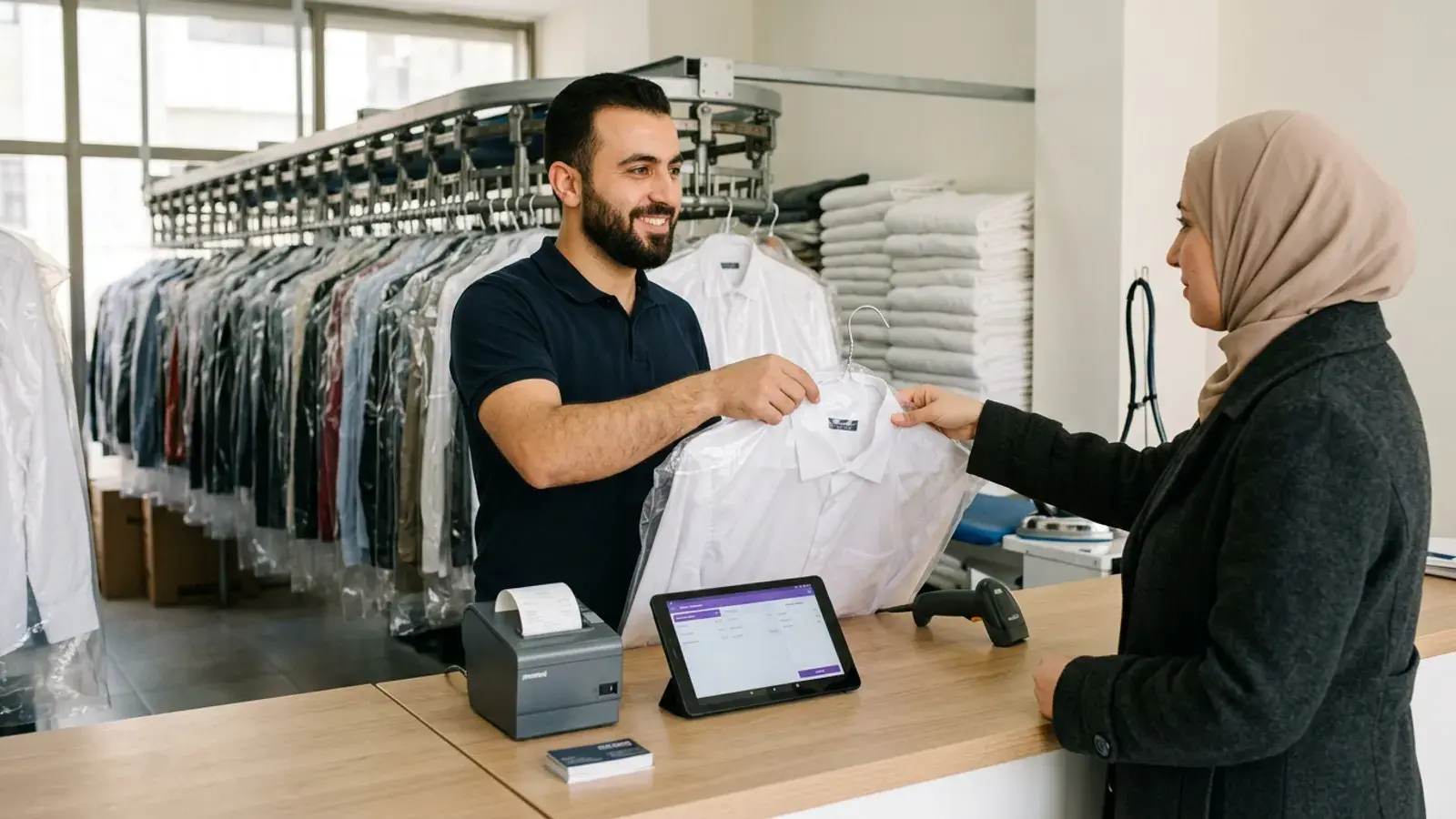 موظف محل دراي كلين يسلّم زبونة قميصًا مكويًّا
